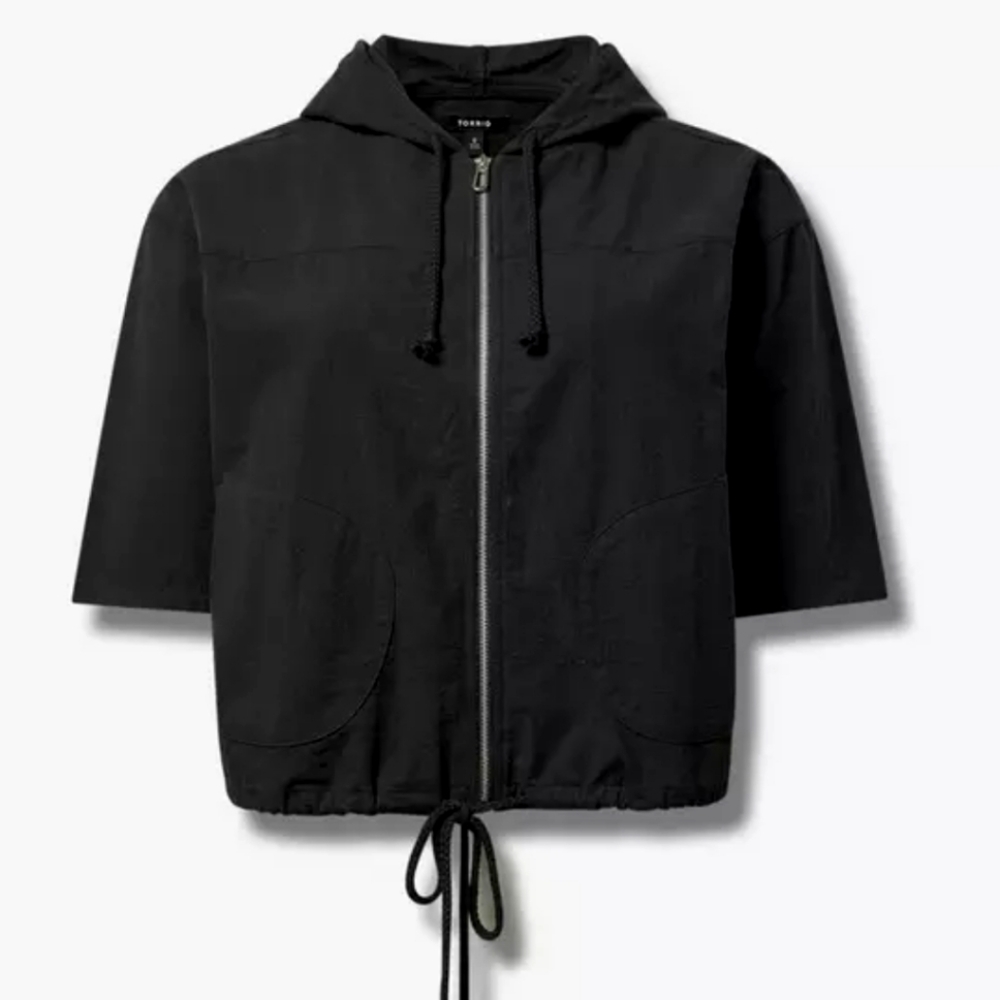 Torrid Black Woven Cotton Hooded Full Zip Short Sleeve Hoodie 18/20 2X Nwt